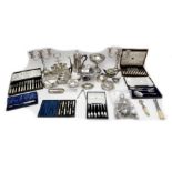 A quantity of silver plated items, including a pair of twin branch candelabras, each 27.5 by 9 by