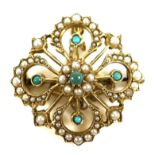 A Victorian yellow metal flower brooch, inset with four turquoises and seed pearls, with safety