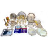 A collection of silver plated items, including a silver plated cigarette box, with presentation