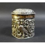 A Victorian silver lidded pot, of cylindrical form, with a engraved monogram 'H E' to its