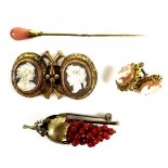 A collection of gold, coral and cameo jewellery, to include a late 19th century double cameo
