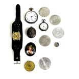 A group of watches, costume jewellery and coins, comprising a Buren Watch Company silver cased, open
