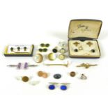 A selection of gentleman's gold, silver and costume accessories, including a 9ct gold pin in the