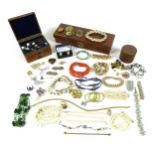 A collection of silver and costume jewellery including, a four strand pearl necklace with a silver
