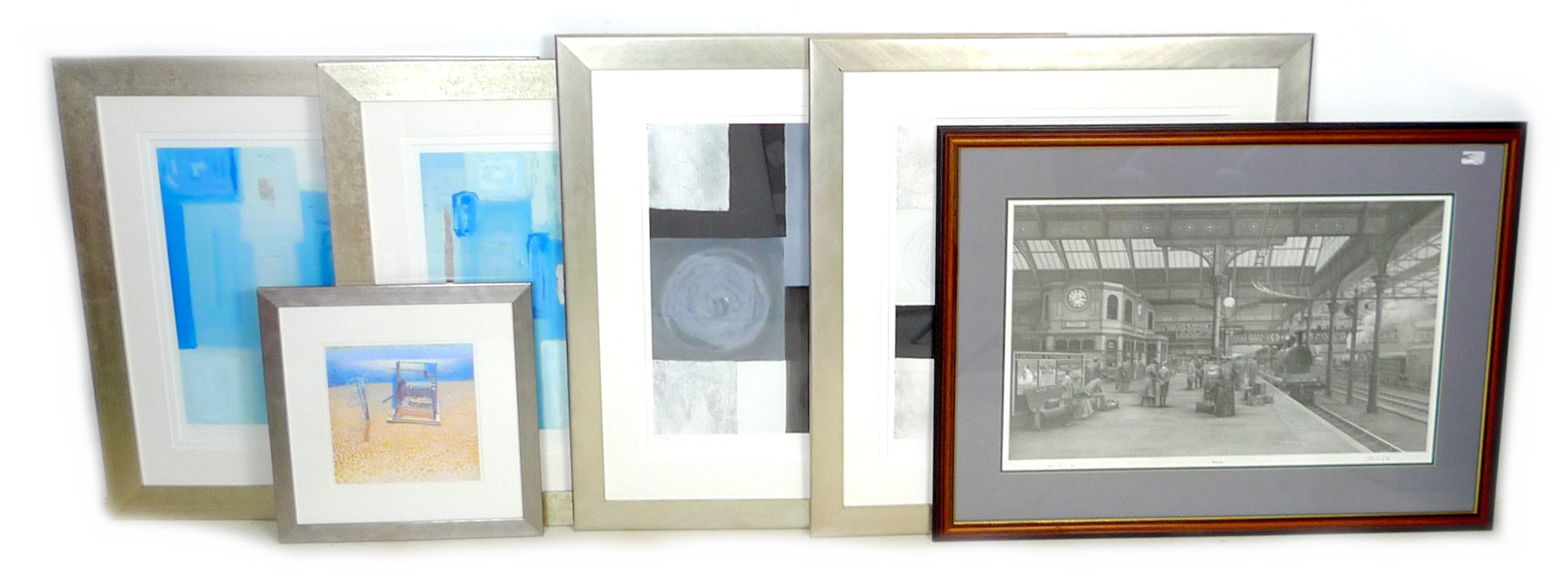 A collection of six prints, including a railway scene after John S. Gibb mounted, framed and glazed,