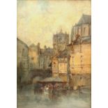 After Paul Marny (1829-1914): an early 20th century French townscape, depicting buttresses of a