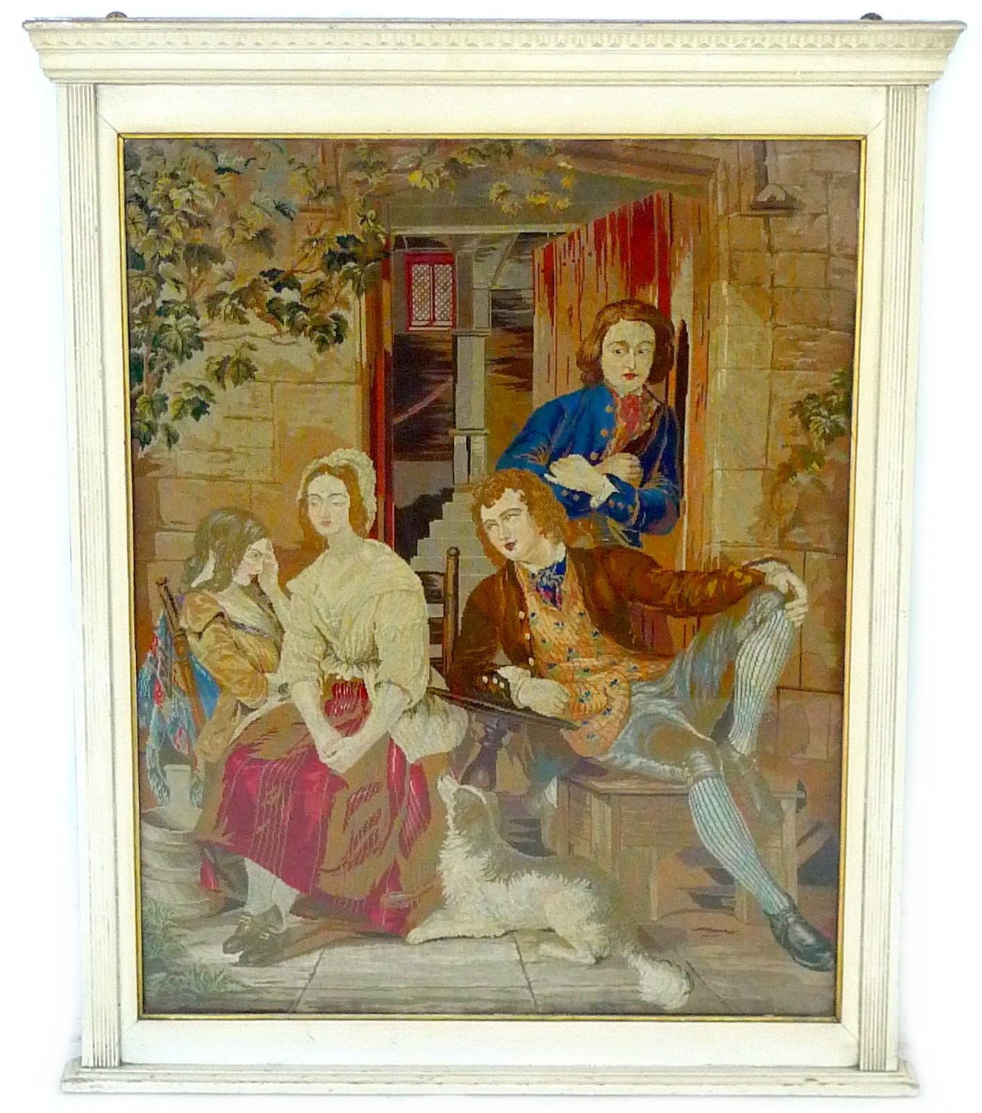A Victorian textile depicting 19th century figures at leisure, framed 78 by 93.5 cm. Provenance - - Image 2 of 3