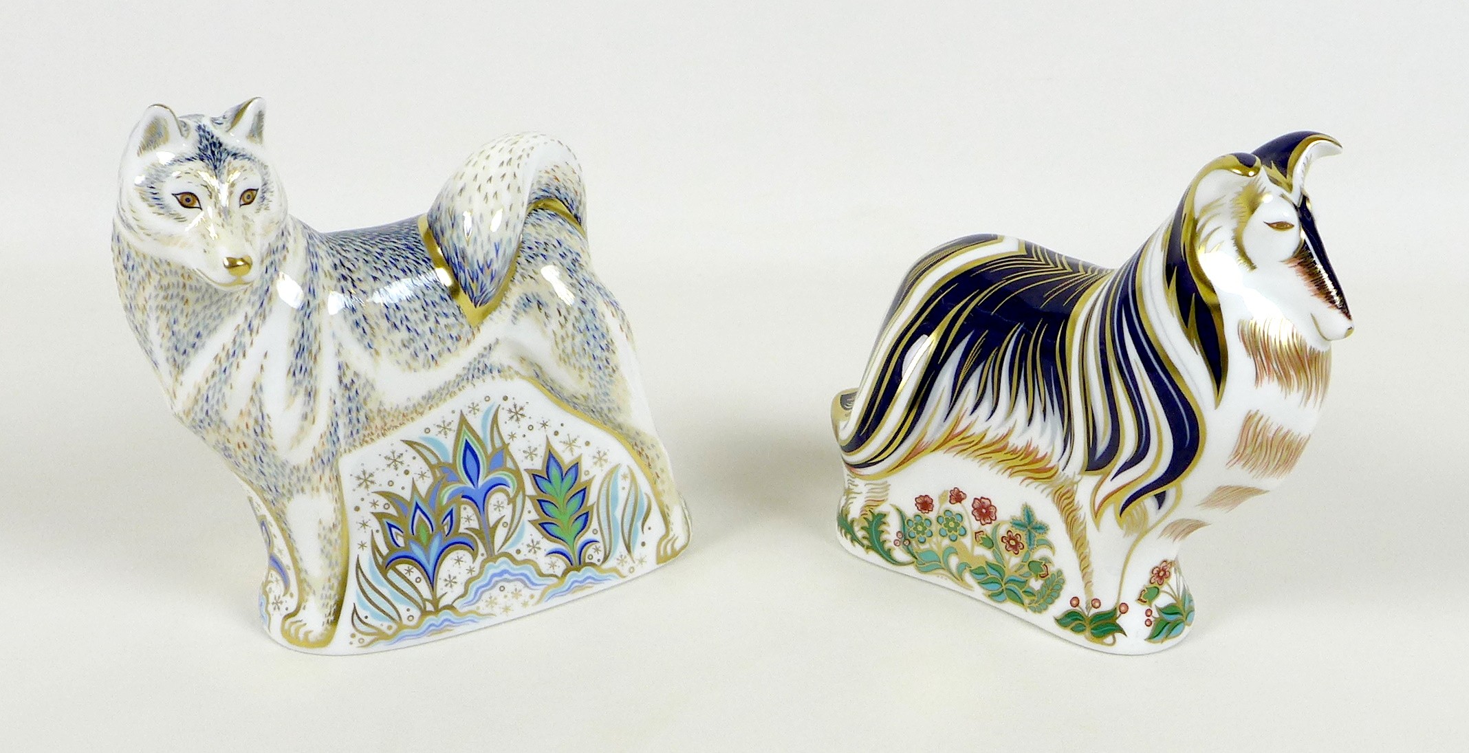 Two Royal Crown Derby paperweights, modelled as 'Rough Collie', MMIII, gold stopper, 14.5cm high,