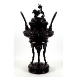 A large Japanese bronze koro, Meiji period, of squat ovoid form with high handles, decorated in high