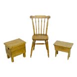 A Victorian oak stick back chair, 46 by 46 by 86cm high, together with two small pine box stools. (