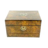 A Victorian burr walnut veneered dressing table box, with inlaid pen engraved mother of pearl laurel