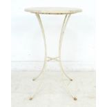 A white painted metal garden table, with a circular white marble top on four legged base, 51 by 51