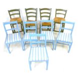 A group of four blue painted kitchen chairs, blue ticking seats, together with four green rush