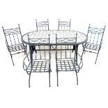 A modern oval garden table, with tiled surface and black painted metal frame, 183 by 112 by 76.5cm
