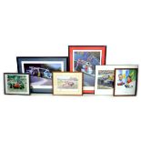 A collection of Formula 1 prints, including 'Down to the Wire' depicting Damond Hill and Michael