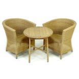 A modern garden seating set, wicker effect plastic, comprising two armchairs, 66 by 60 by 74.5cm