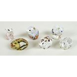 A group of six small Royal Crown Derby paperweights, comprising 'Country Mouse', MM, gold stopper,