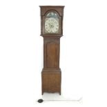 A 19th century oak long case clock, the painted arched dial with black Roman numerals, subsidiary