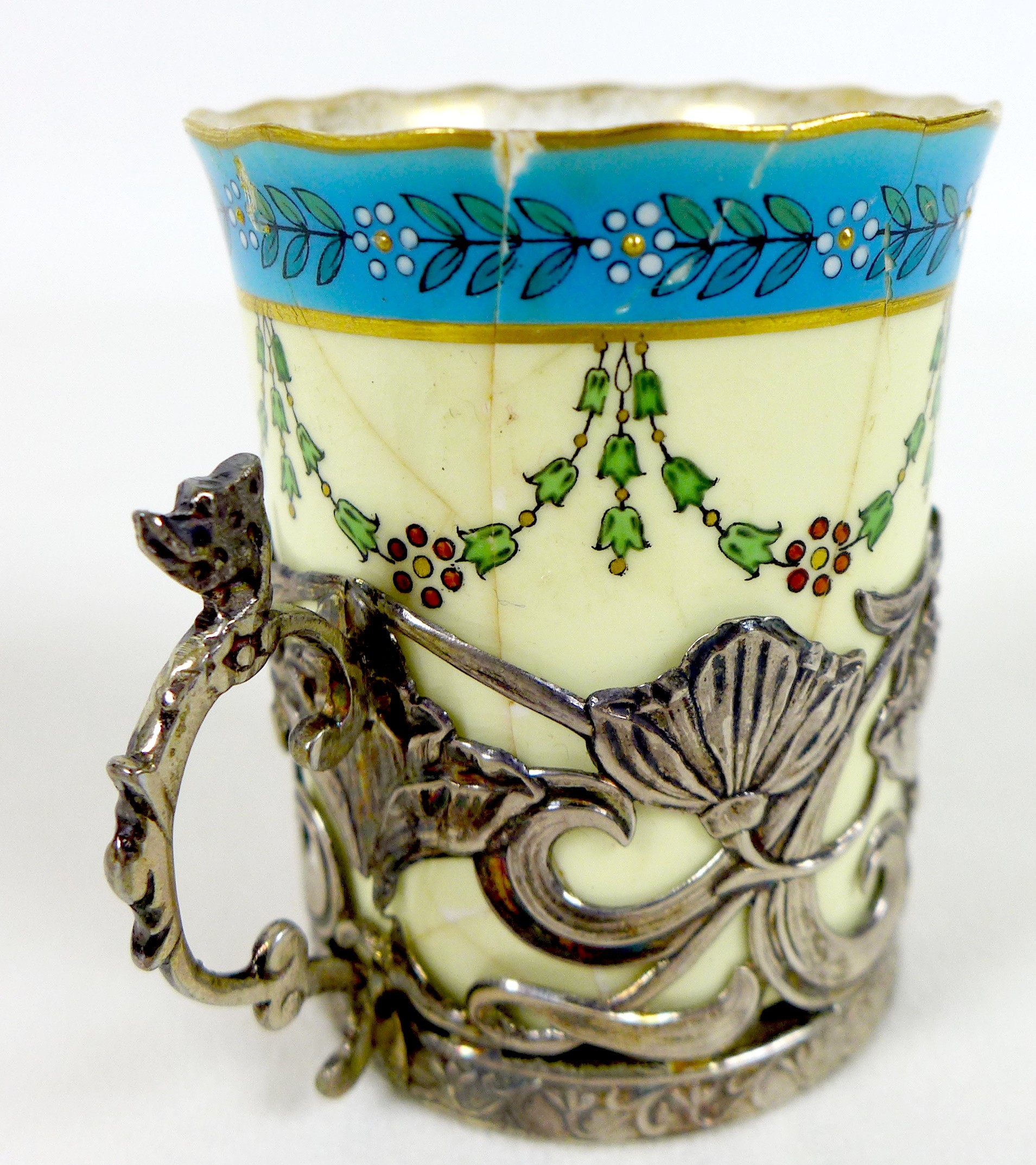 An Edwardian Royal Worcester porcelain and silver mounted coffee set, dated 1904, with scalloped - Image 9 of 24