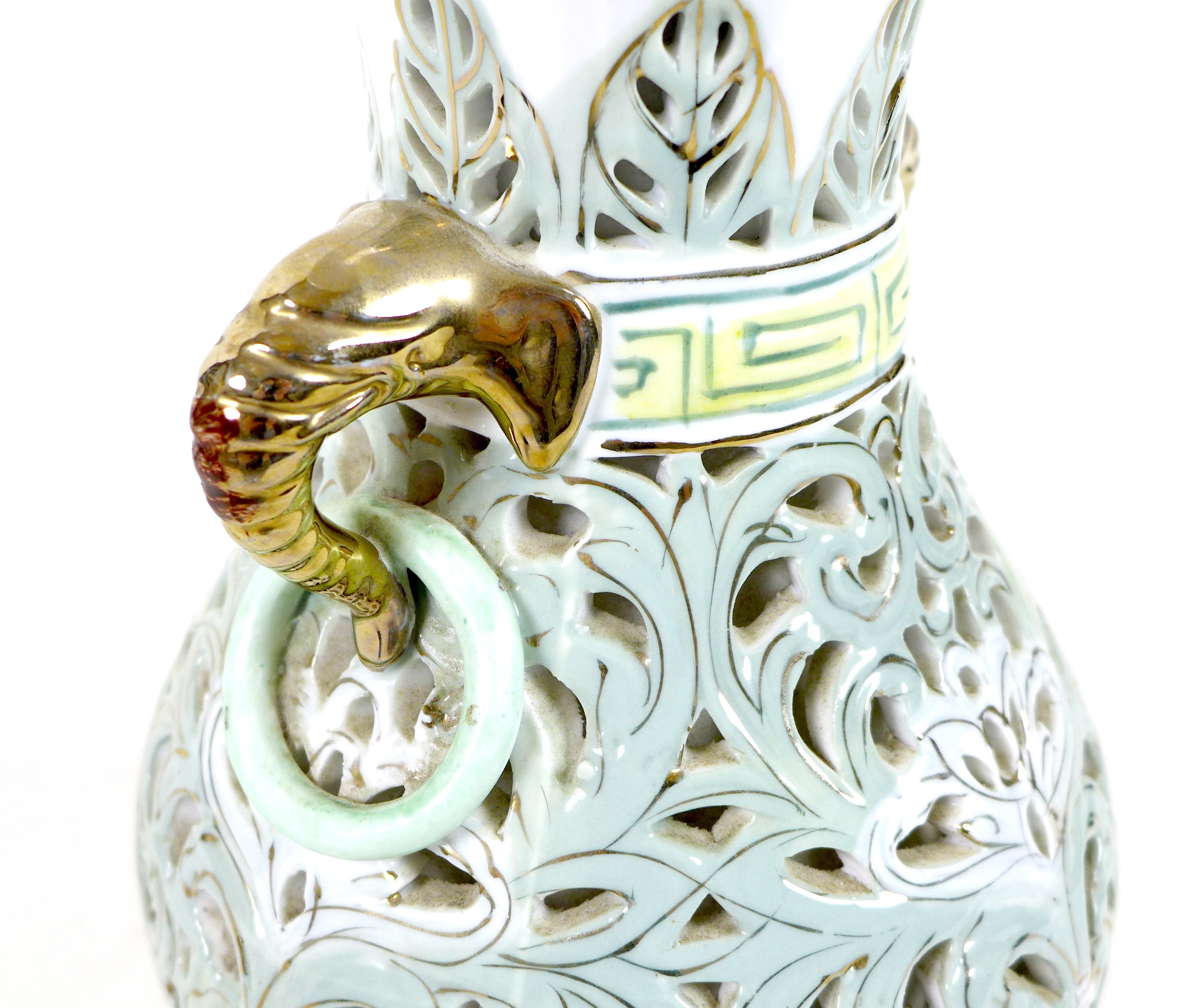 A modern Chinese porcelain reticulated vase, of baluster form with gilt highlighted elephant head - Image 4 of 9