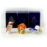 Three Royal Crown Derby paperweights, comprising a Humming Bird, signed by John Ablitt, gold