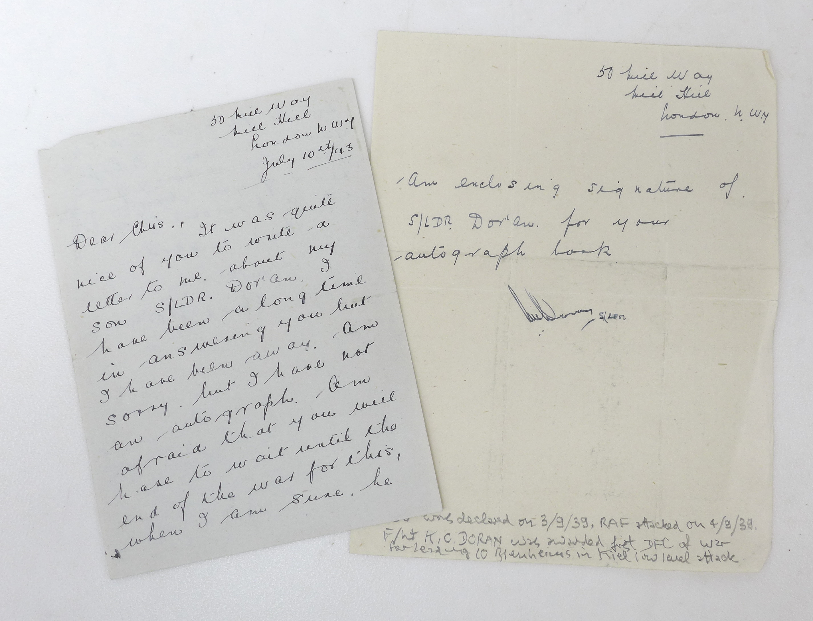 A collection of RAF WWII signatures, including Douglas Bader and Kenneth Christopher Doran, who - Image 7 of 8