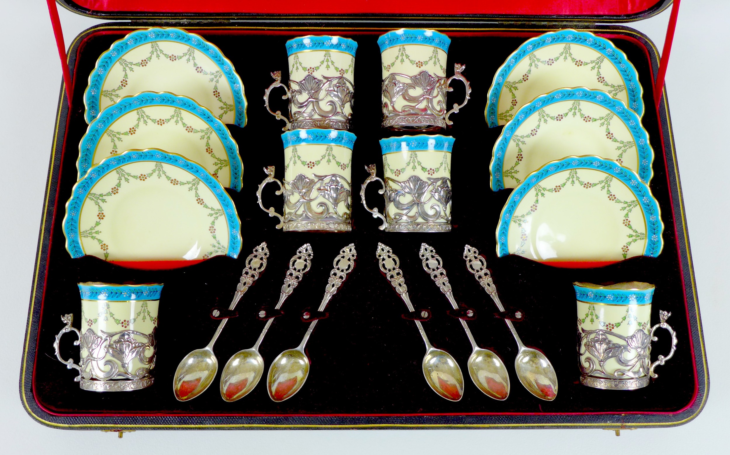 An Edwardian Royal Worcester porcelain and silver mounted coffee set, dated 1904, with scalloped - Image 2 of 24