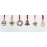 A group of six Royal Crown Derby Christmas tree hanging decorations, all with certificate