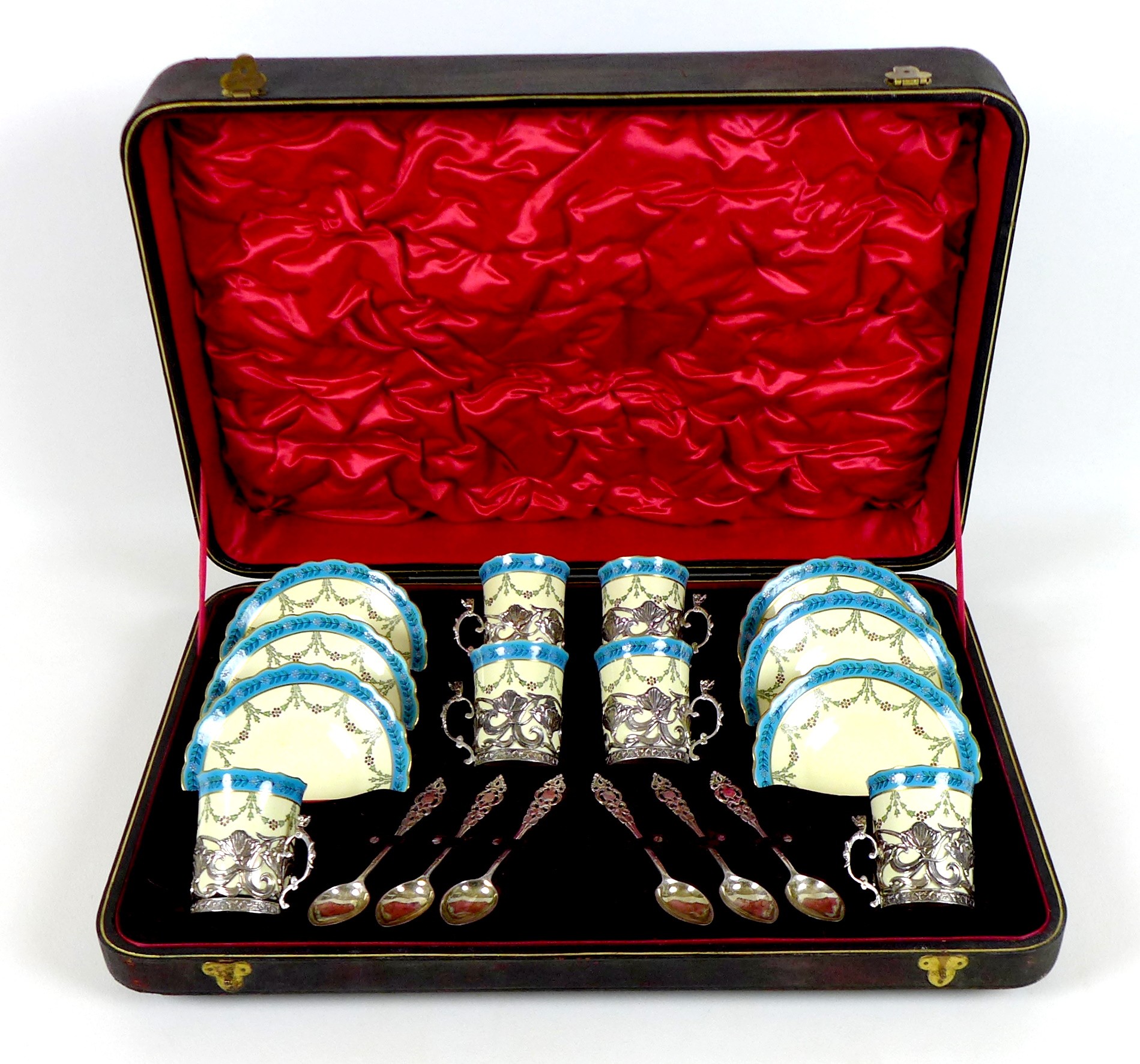 An Edwardian Royal Worcester porcelain and silver mounted coffee set, dated 1904, with scalloped - Image 22 of 24