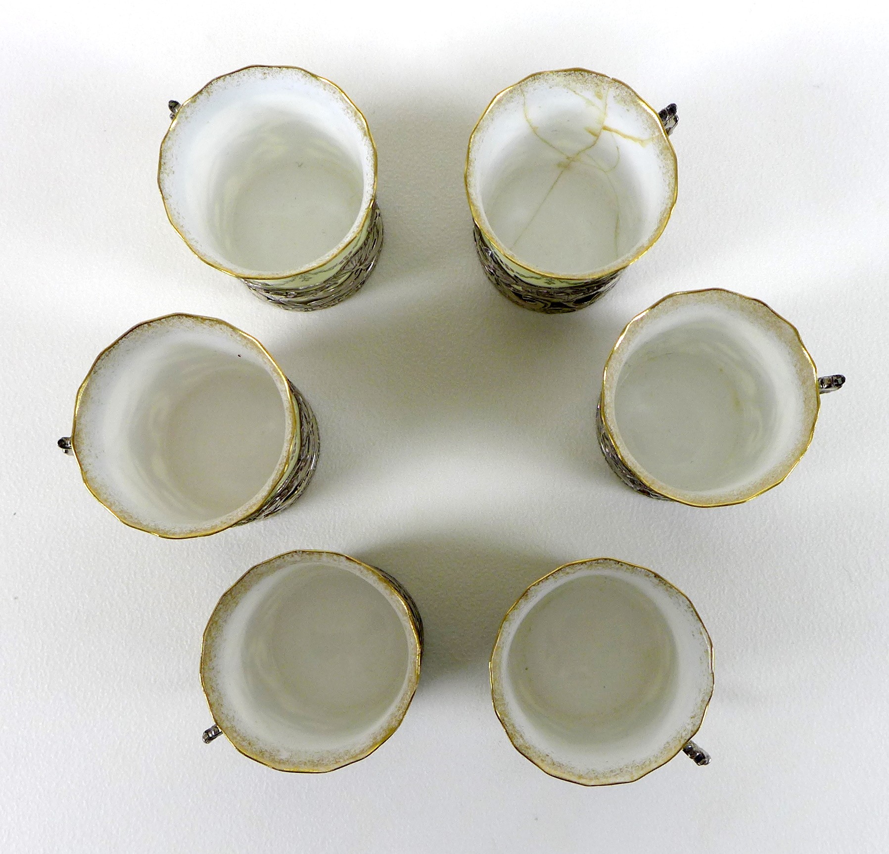 An Edwardian Royal Worcester porcelain and silver mounted coffee set, dated 1904, with scalloped - Image 5 of 24