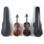 Two 20th century continental violins, comprising, an early 20th century dark wood stained, full size