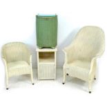 A group of vintage wicker furniture, comprising a white painted high back armchair, 68 by 73 by
