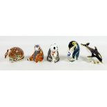 A group of five Royal Crown Derby paperweights, all without boxes, comprising Dolphin, LVI, 16cm