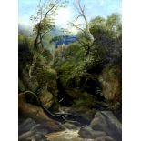 Continental School (19th century): an oil on board of a wooded landscape, a babbling stream to the