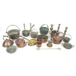 A collection of silver plated, copper and brass items, including trays, teapots, candlesticks, and a
