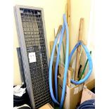 A group of grey painted metal racking, together with a quantity of miscellaneous wood offcuts and