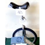 A 20" unicycle, with chromed frame and black seat.