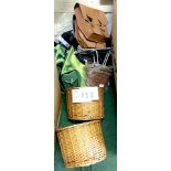 A group of wicker (front mounted) baskets, pannier bags, and pannier racks.