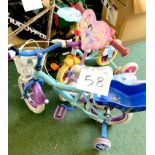 Two children's bikes, both with pale blue painted frames and stabilisers, together with a pink '