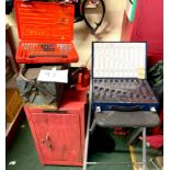 A group of tools, including a red Stack-On cabinet, a red Snap-On 48 piece Rethreading Set -