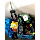 A quantity of bike tools, bottles of oils, tyre pump, first aid kit, a set of MBT front 'Rock Shox',