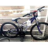 An Apollo FS29 silver and dark blue painted child's bike, with dual suspension.