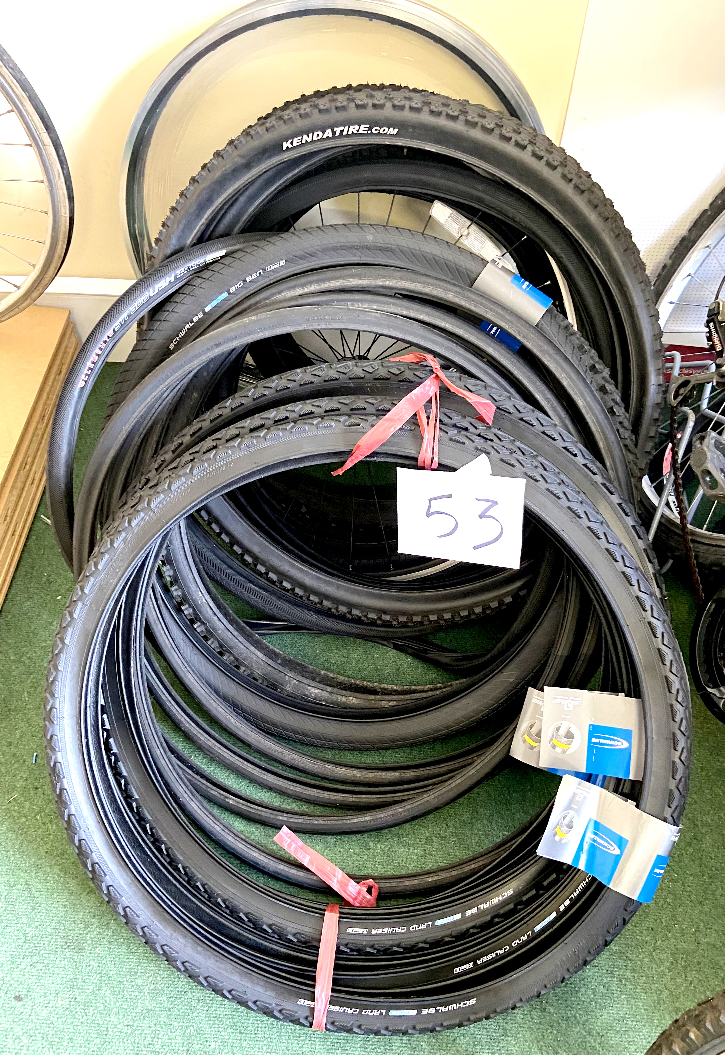 A group of bicycle tyres, including Schwalbe and Clemente.