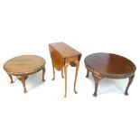 A group of three mid 20th century occasional tables with cabriole legs, two low circular coffee