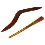 Two early 20th century Aboriginal tribal items, a possible West Australian carved wooden boomerang
