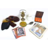 A group of mixed collectables, including a Duplex brass oil lamp, a set of six Webb Continental,