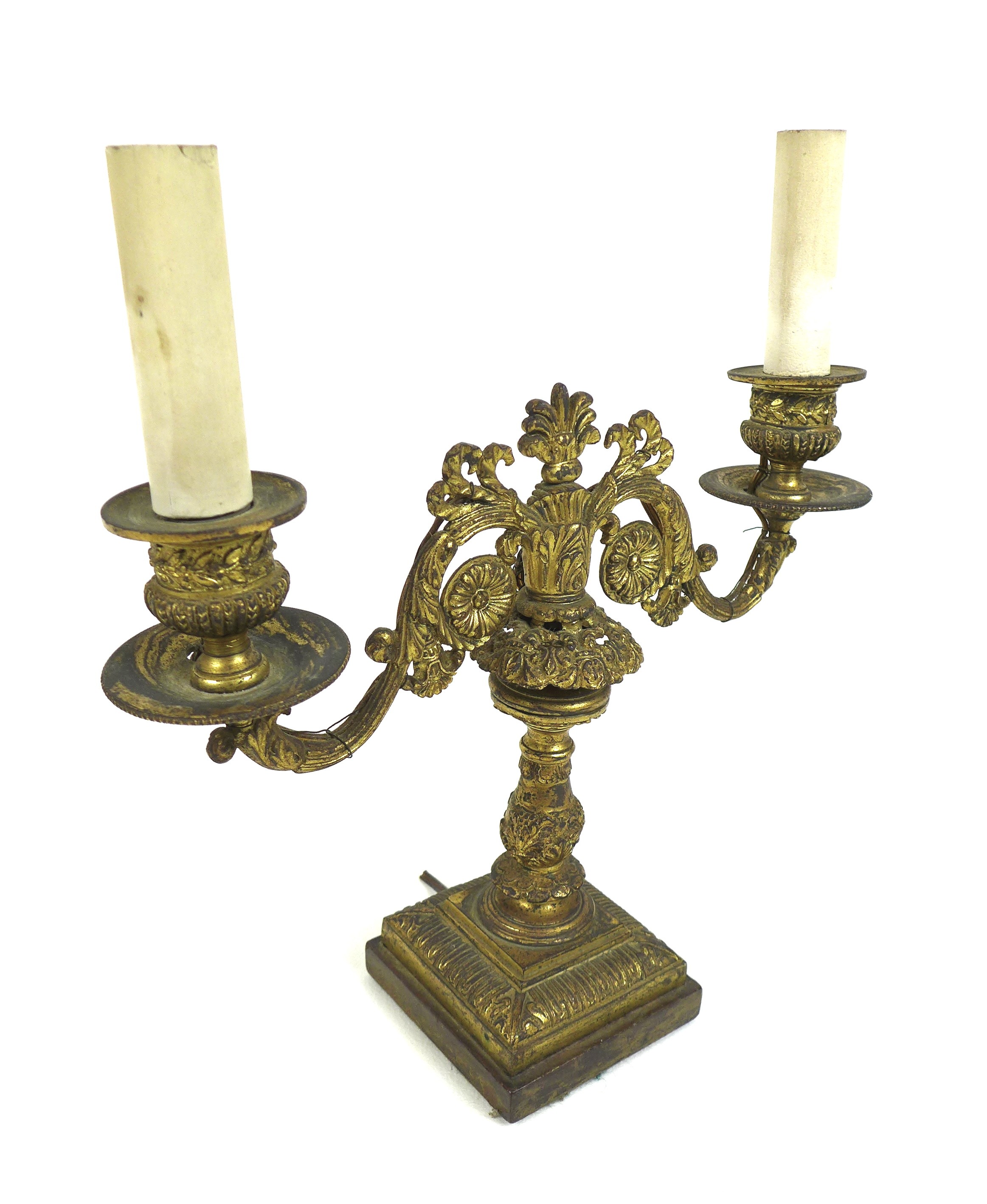 A French late 19th century gilt metal twin branch table lamp, with floral scrolling decoration and - Image 2 of 9