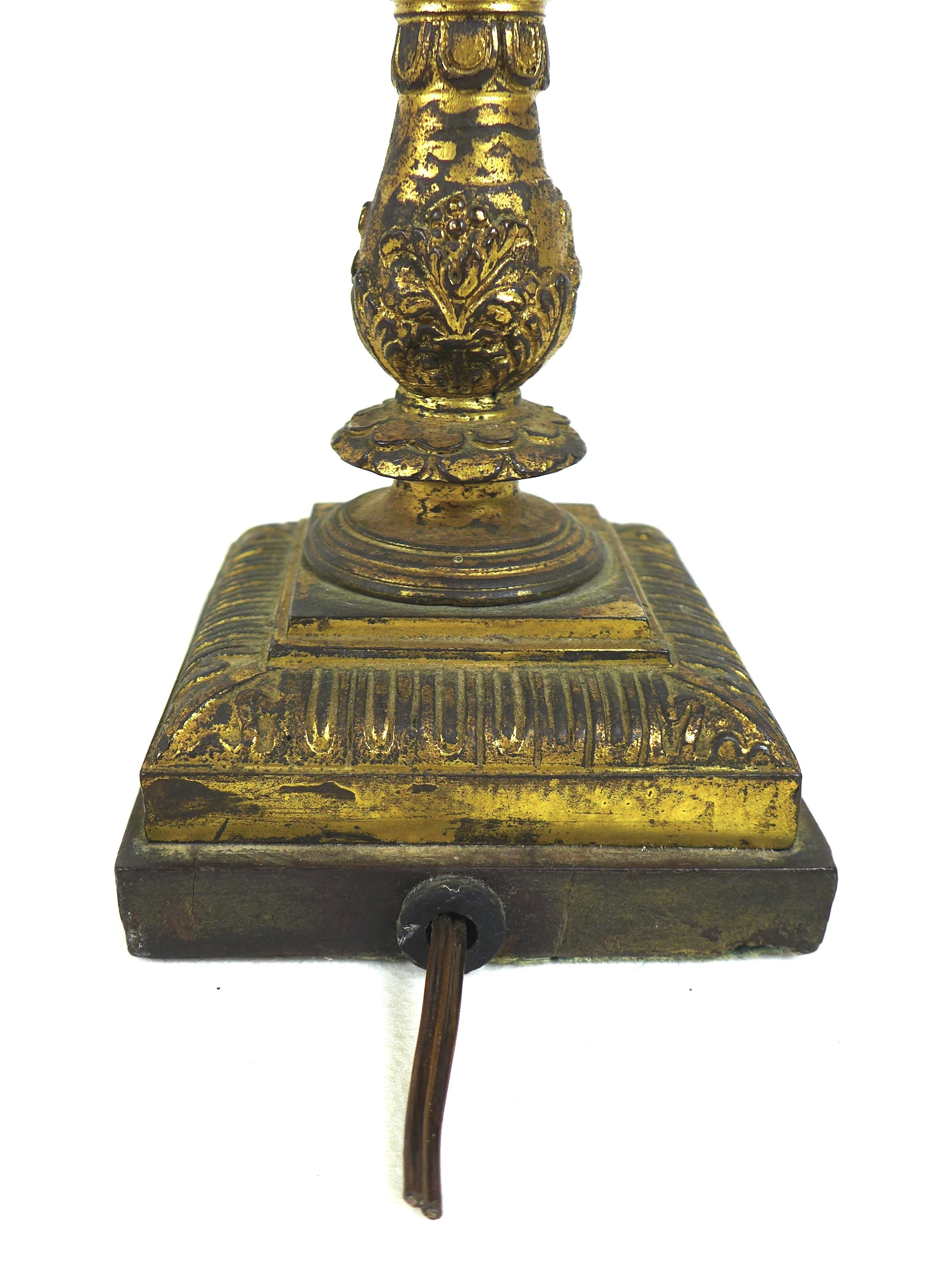 A French late 19th century gilt metal twin branch table lamp, with floral scrolling decoration and - Image 8 of 9