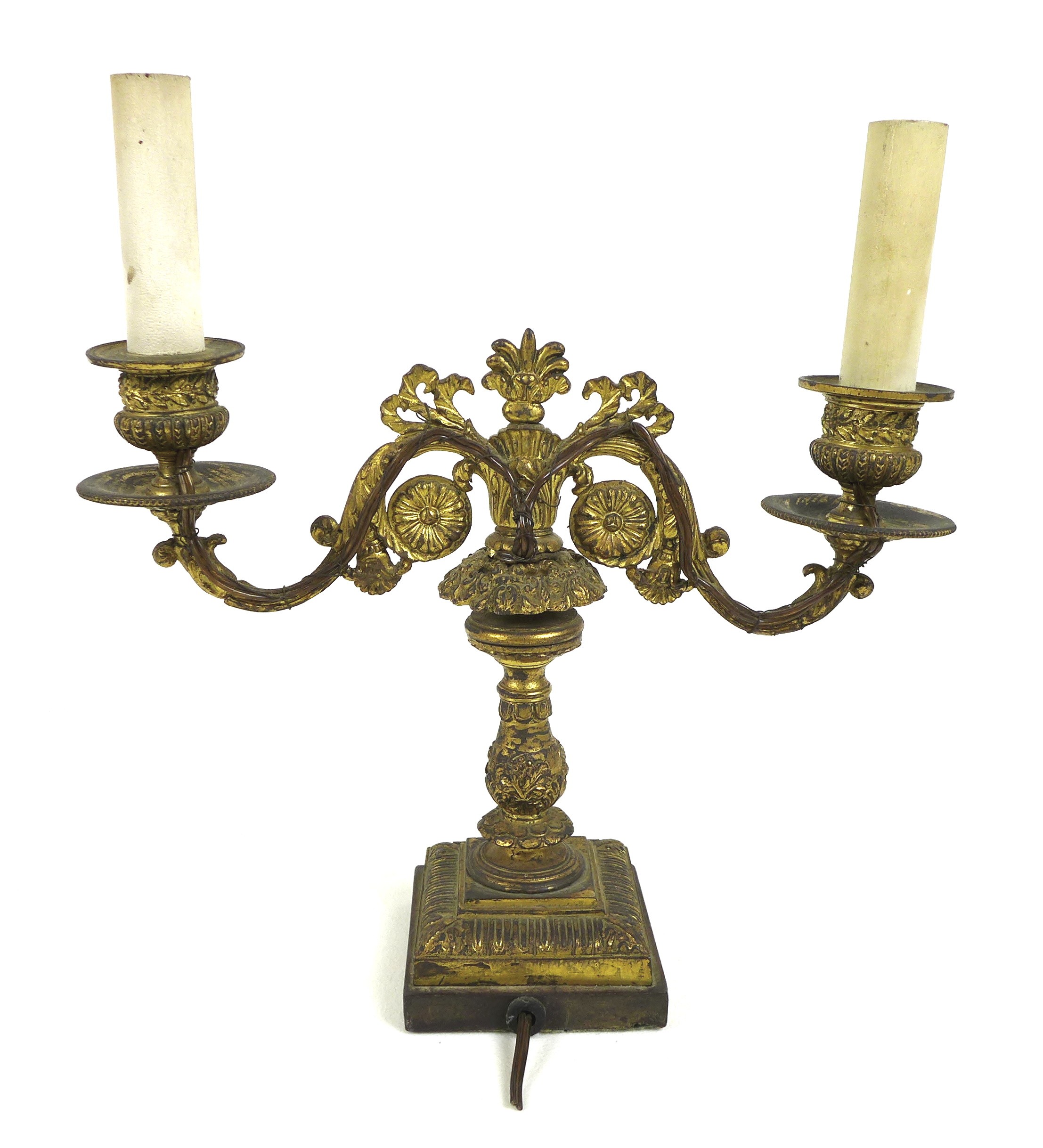 A French late 19th century gilt metal twin branch table lamp, with floral scrolling decoration and - Image 6 of 9