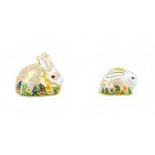 Two Royal Crown Derby paperweights, modelled as 'Rowsley Rabbit' and 'Baby Rowsley Rabbit',